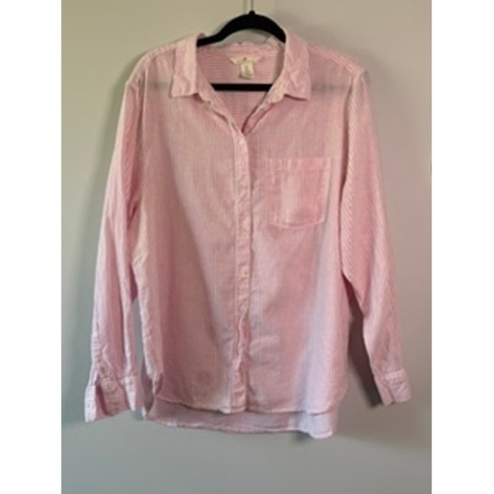 H&M Pink & White Striped Linen Blend Button-Up Shirt – Lightweight Casual Top